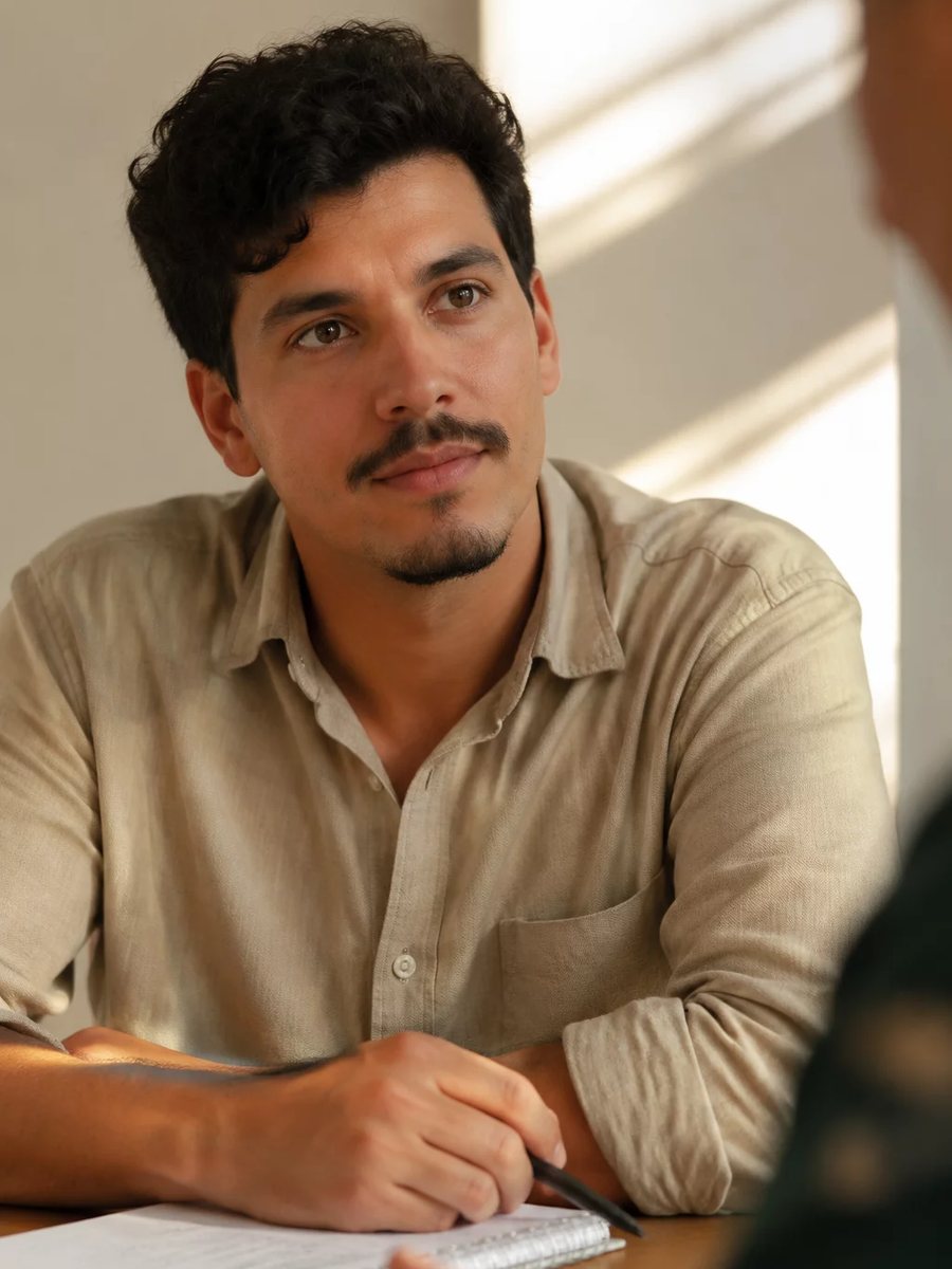 Participante com o braço levantado pedindo a vez numa mesa coberta de rascunhos